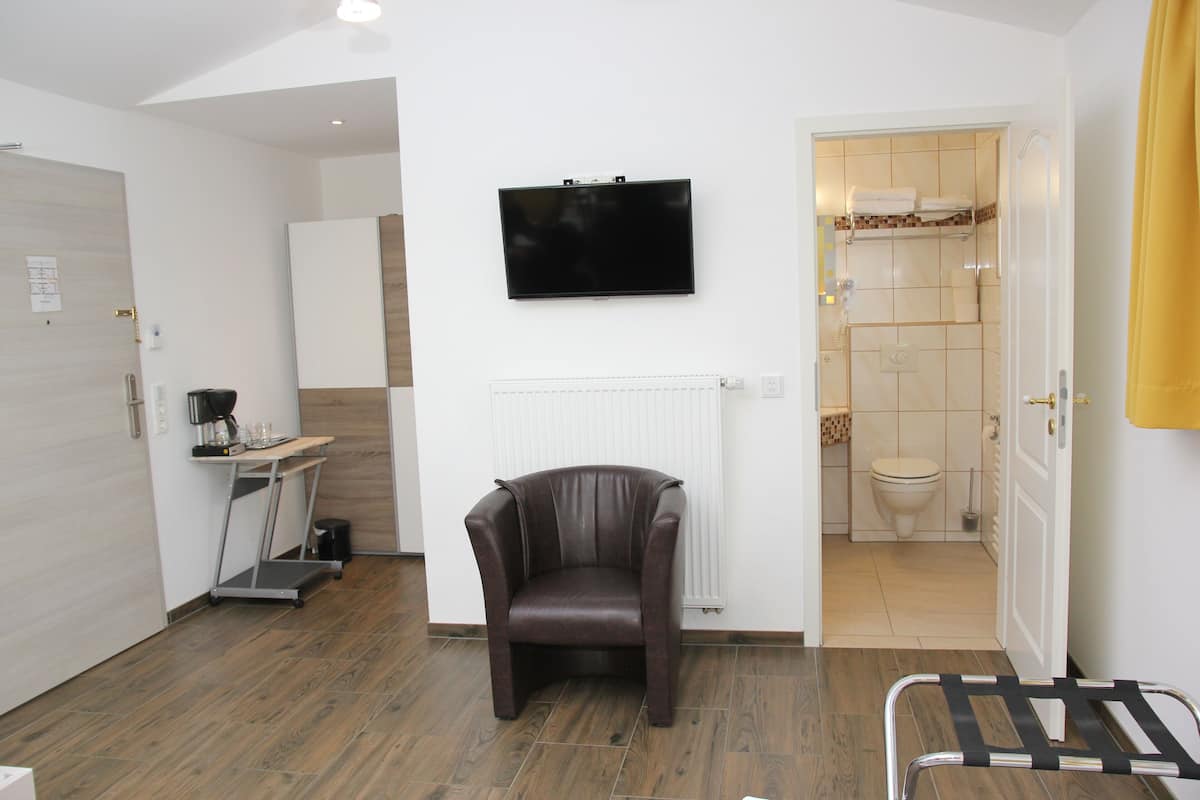 A modern hotel room with a leather chair, a TV mounted on the wall, a radiator, a wooden floor, and a bathroom with a toilet and shower.