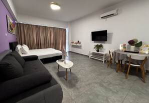 جناح إستديو مريح - منظر للمدينة | منطقة المعيشة | تلفزيون بشاشة مسطحة بحجم 42-بوصة يعرض قنوات تلفزيونية رقمية، تلفزيون