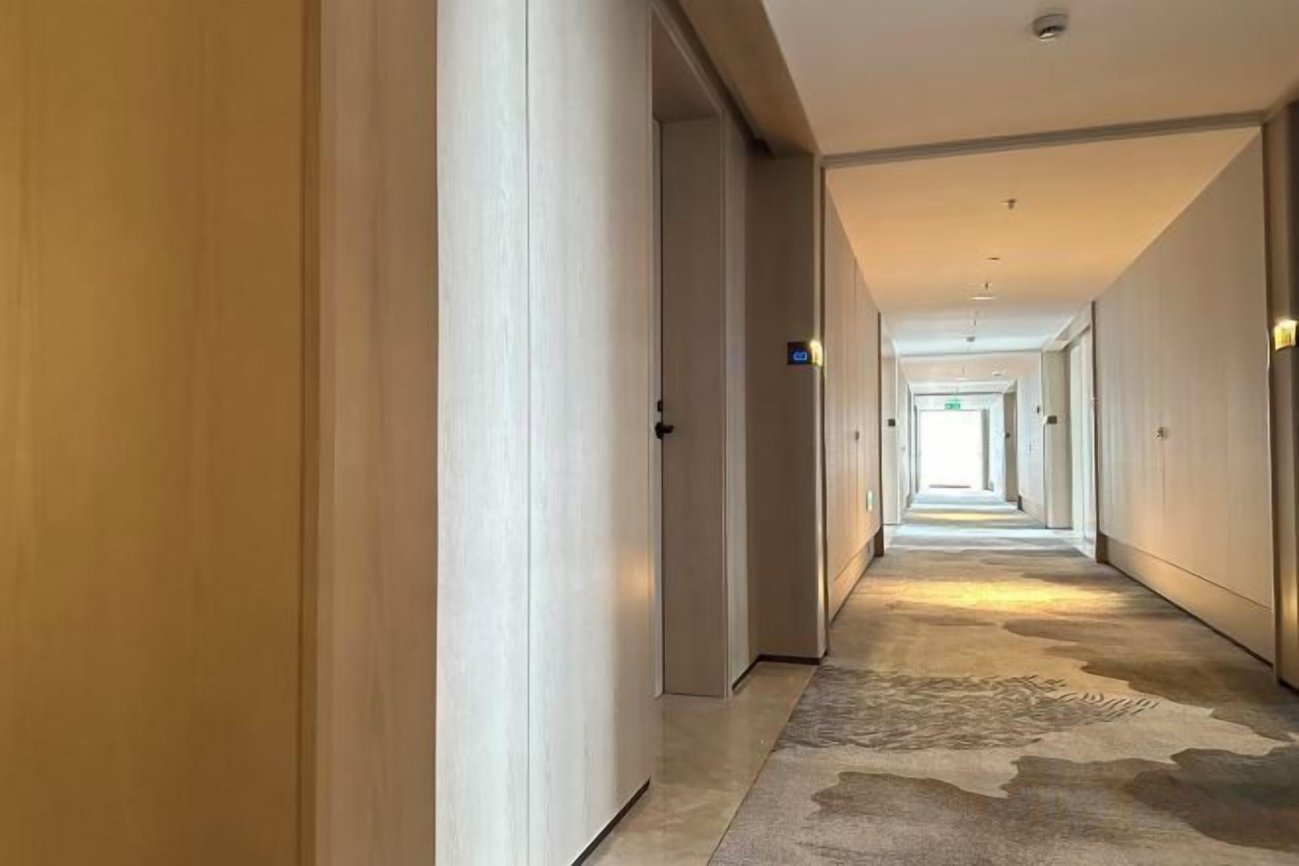 A hotel corridor with doors on both sides, carpeted flooring, and a ceiling light fixture.