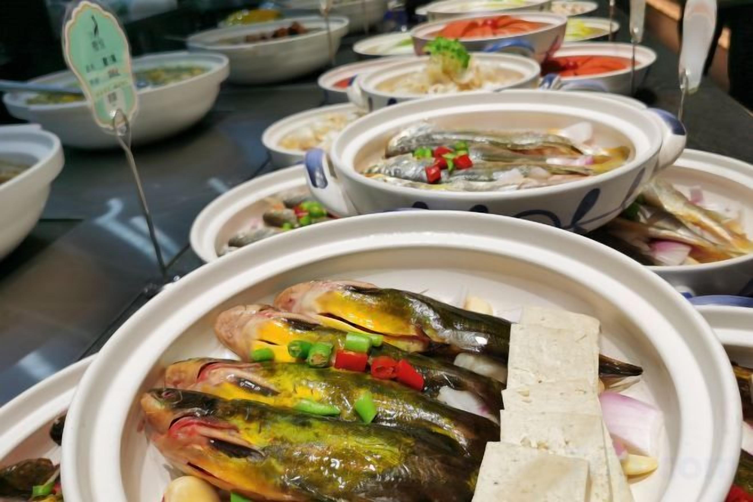 A variety of dishes, including fish and vegetables, displayed in bowls.