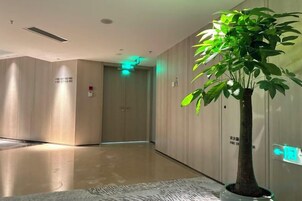 Un pasillo con una planta en maceta, una puerta con un letrero y una lámpara.