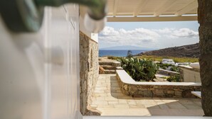 A stone pathway leading to a patio with a cactus plant and a view of the sea and mountains. - VLIA MAR Myconian Residences (Mykonos)