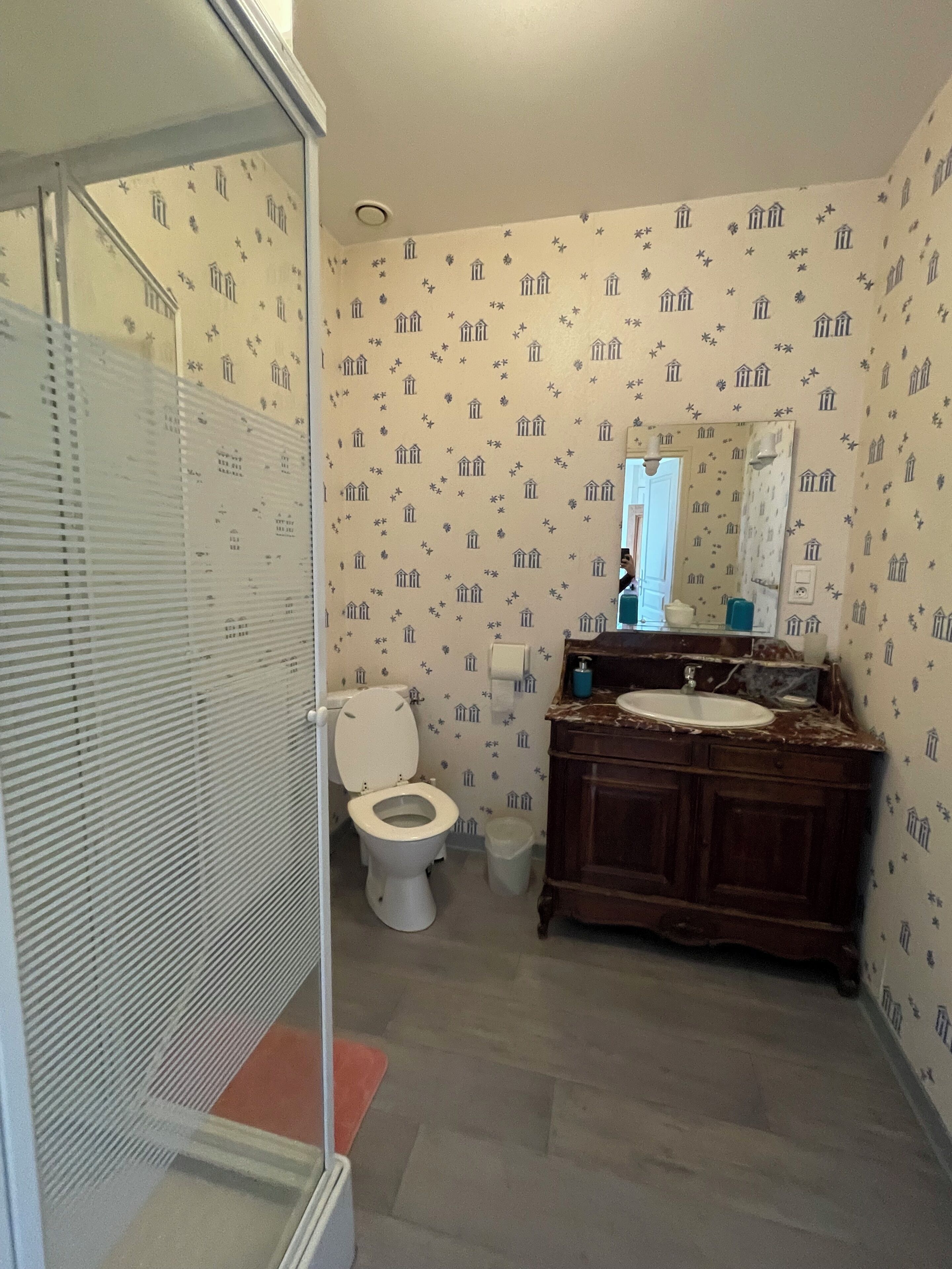 A bathroom with a toilet, sink, and mirror.