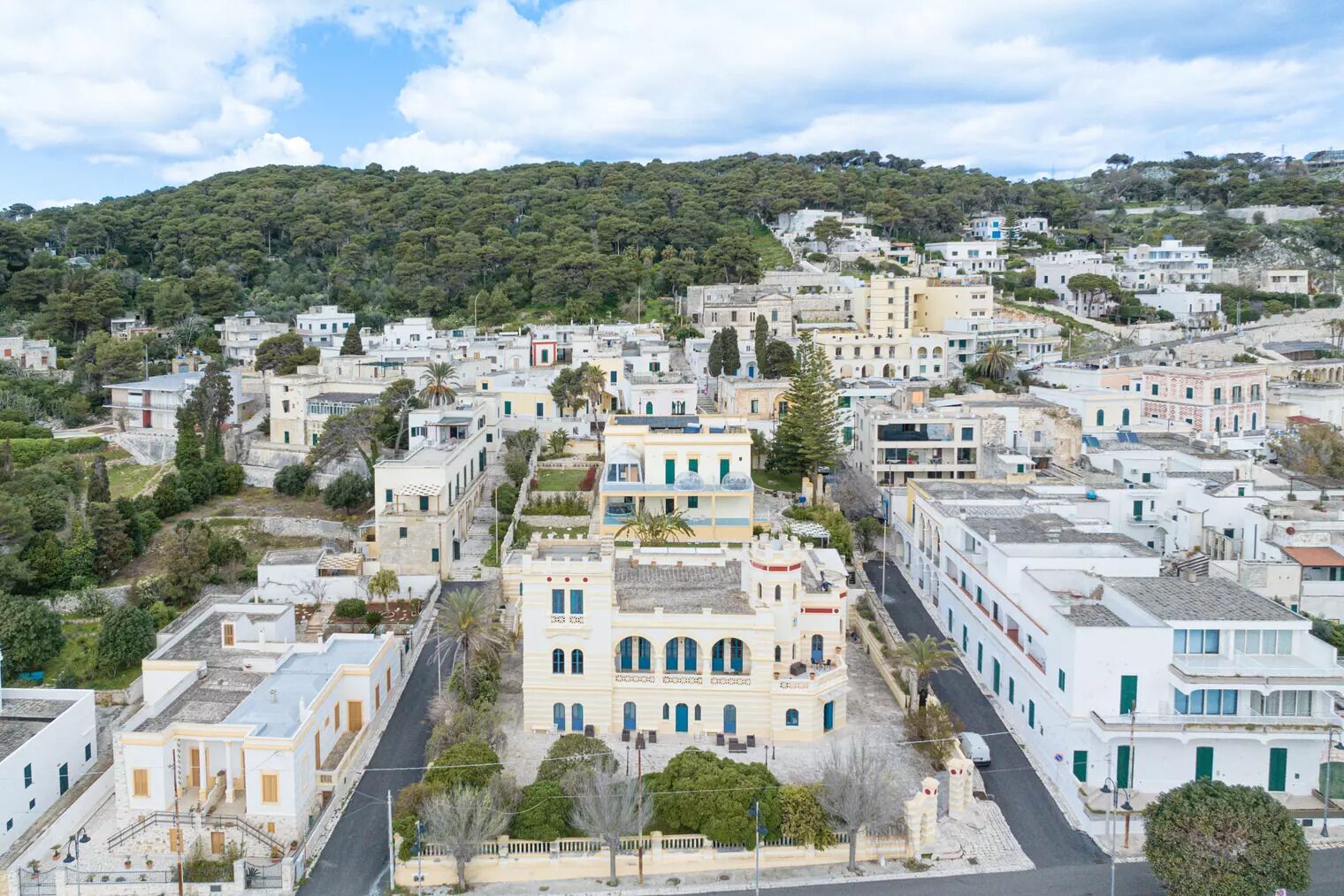 Un pueblo costero con edificios blancos, calles estrechas y una colina cubierta de vegetación exuberante.