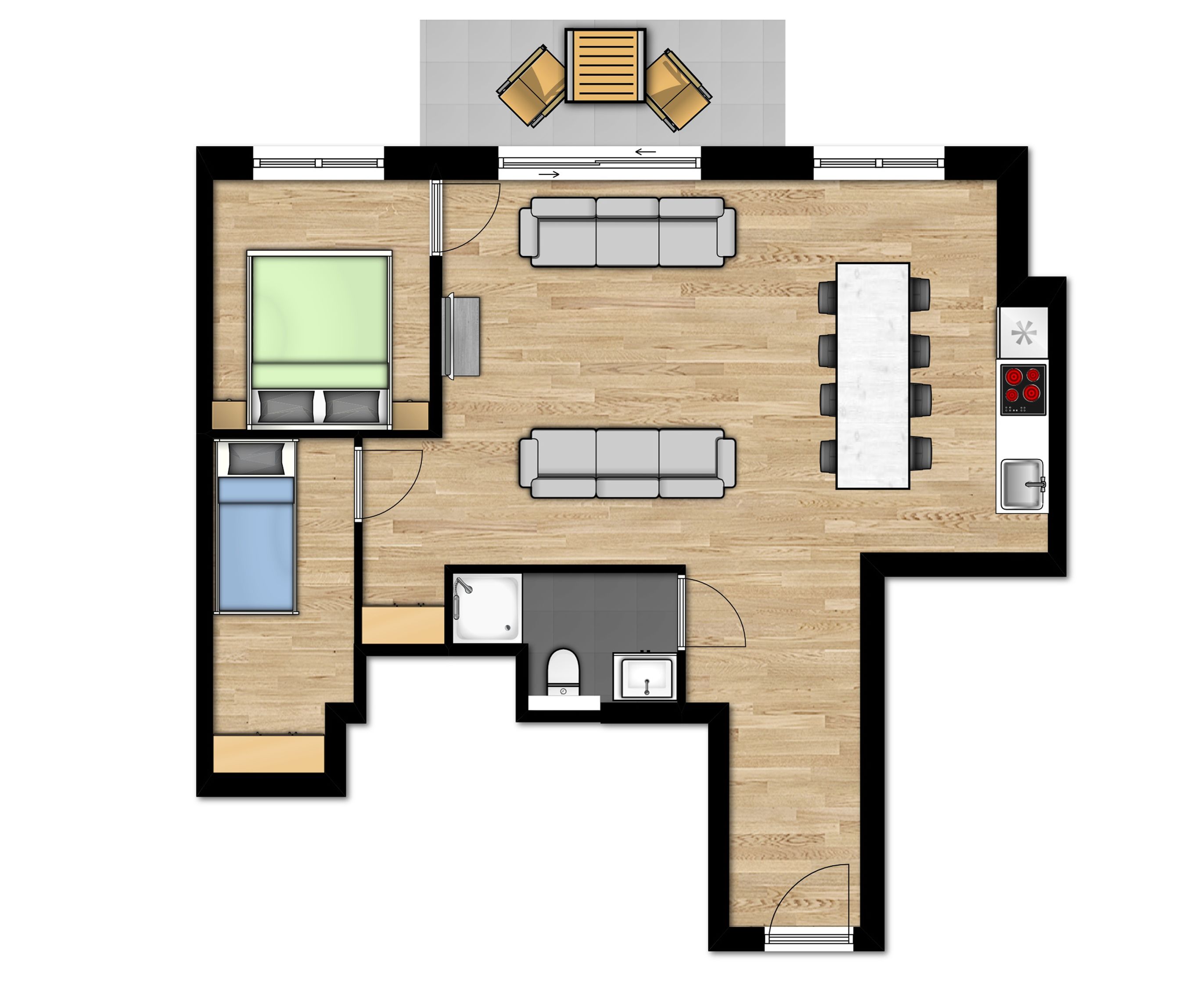 A floor plan of a hotel room with a bed, a desk, a chair, a sofa, a small kitchen area, and a bathroom.