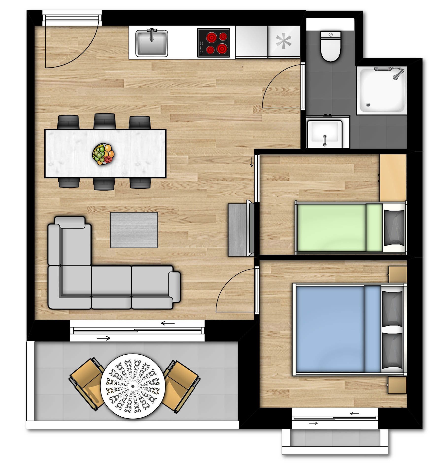 Un plan d’étage d’une chambre d’hôtel comprenant un coin repas, un salon, une chambre et une salle de bain.
