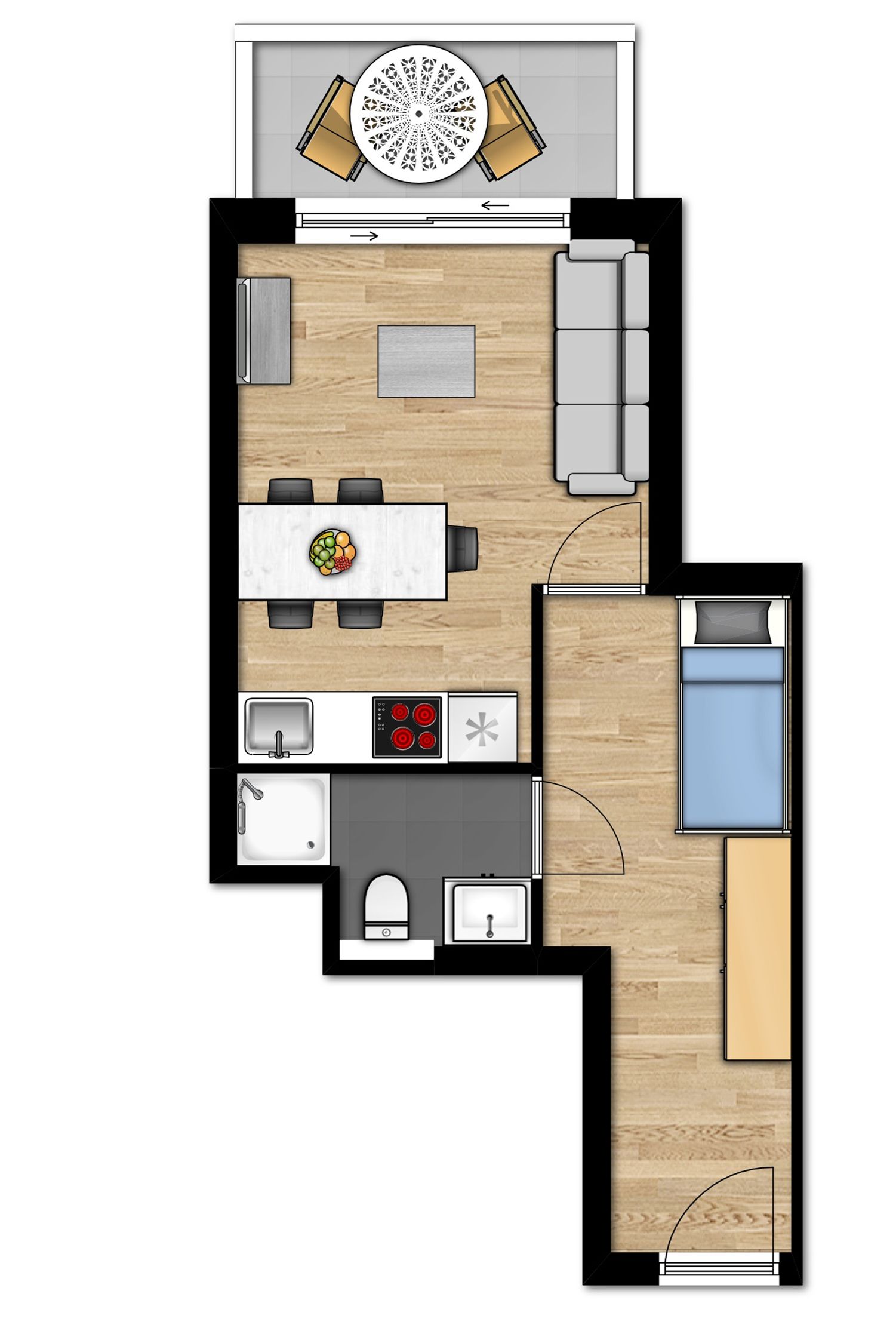 Distribución de un apartamento de dos dormitorios con cocina, comedor y una sala de estar pequeña.