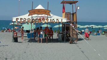 Private beach, sun loungers, beach umbrellas