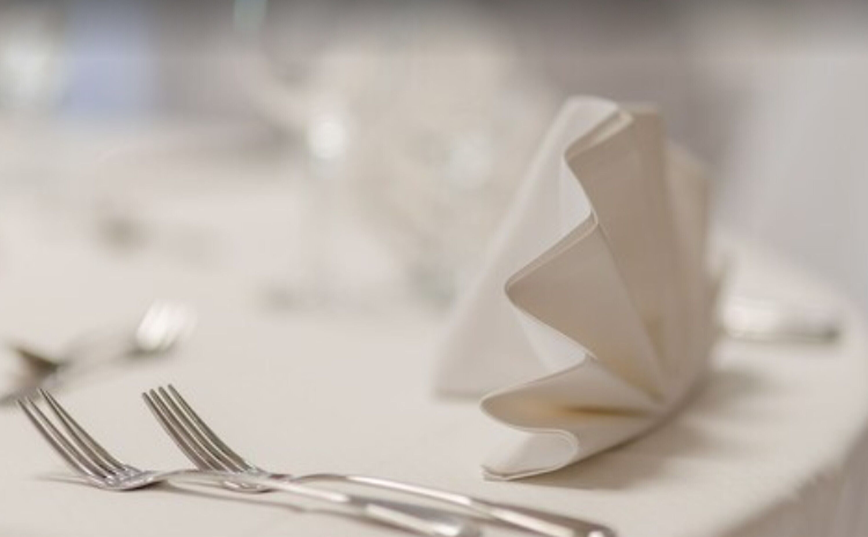 Una mesa dispuesta con una servilleta blanca doblada, dos tenedores y un cuchillo.