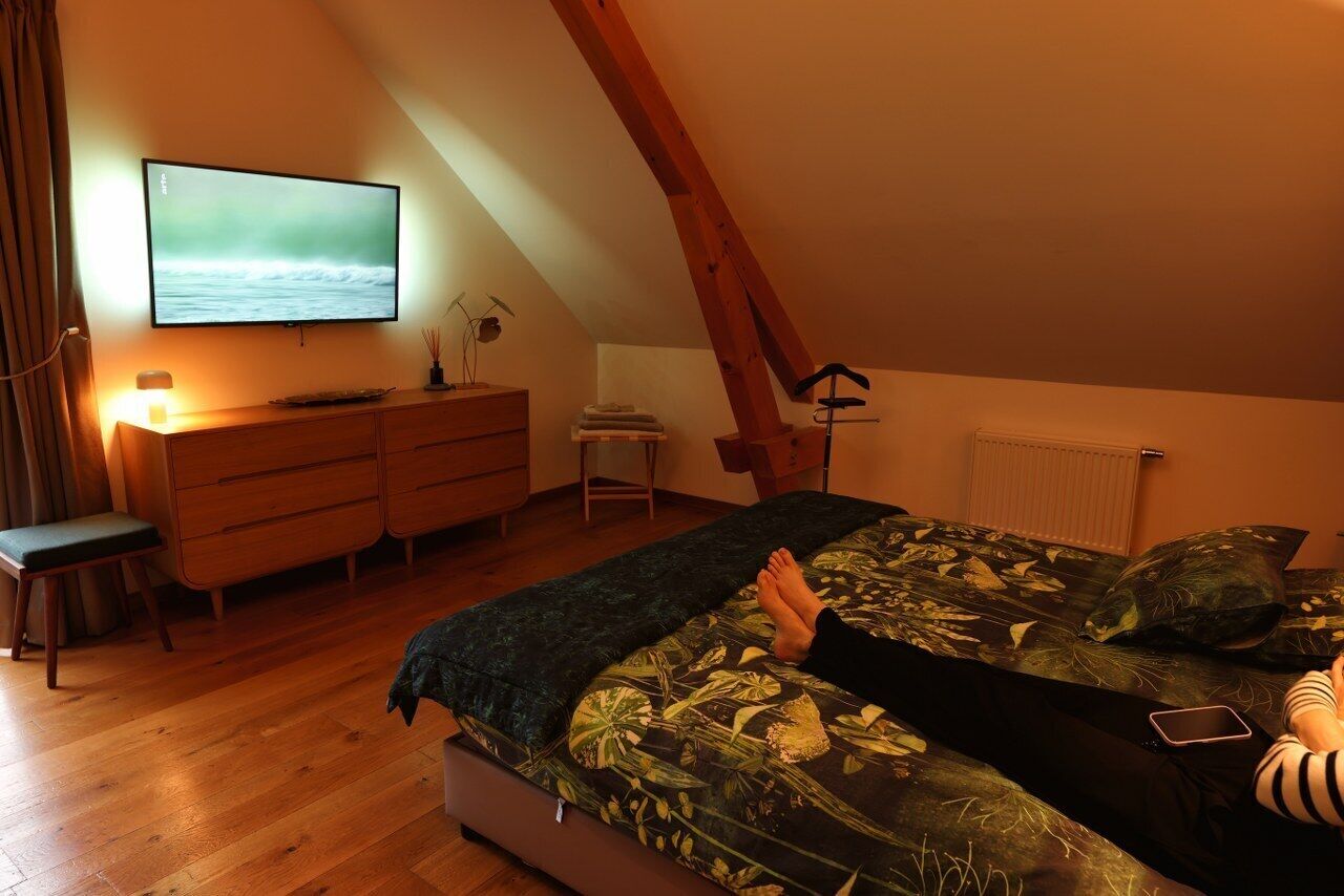 Une chambre à coucher comprenant un lit, une commode, un bureau, une chaise, un téléviseur et un radiateur.