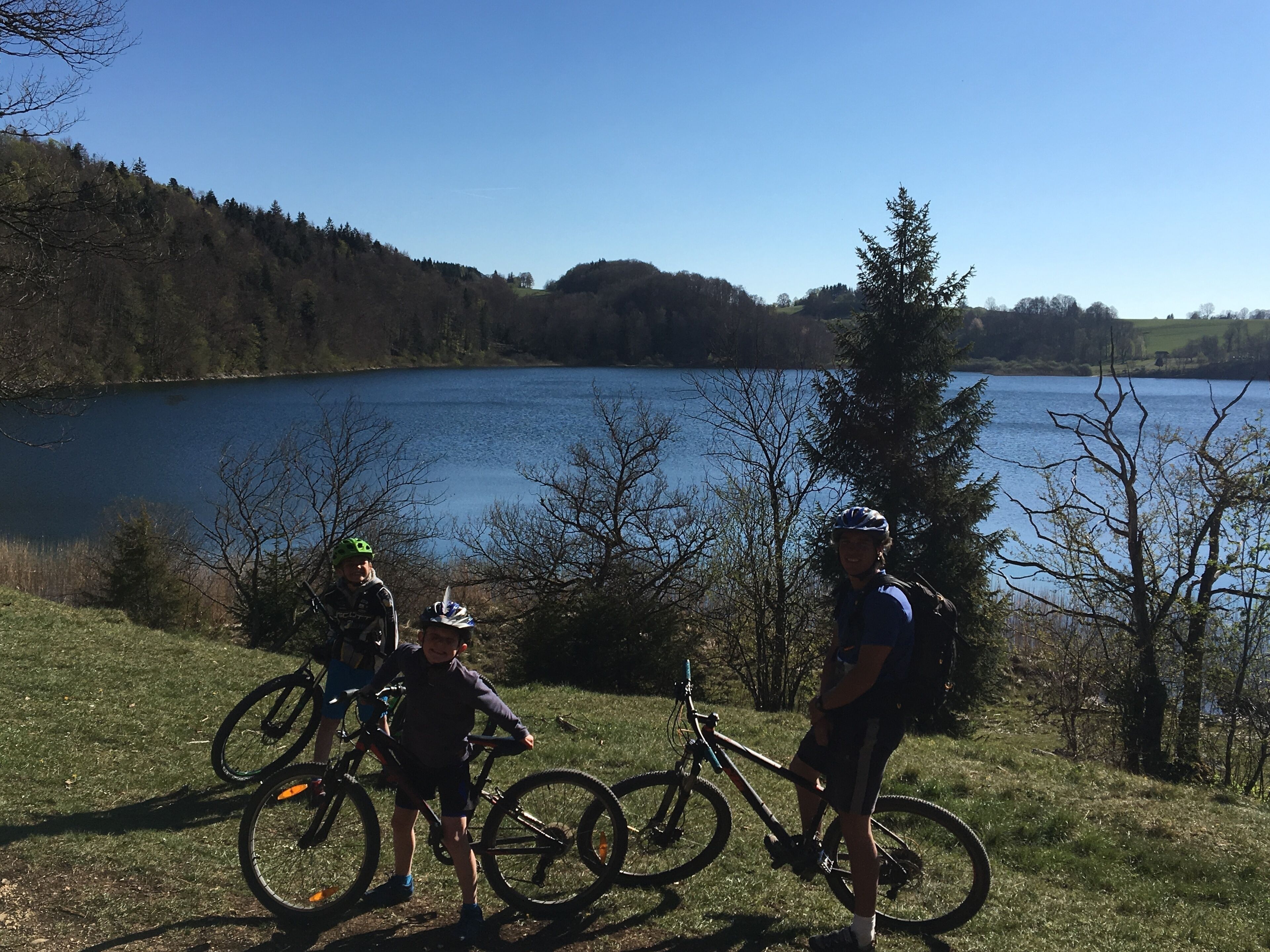 Ein See mit bewaldeter Hügelkuppe und blauem Himmel.
