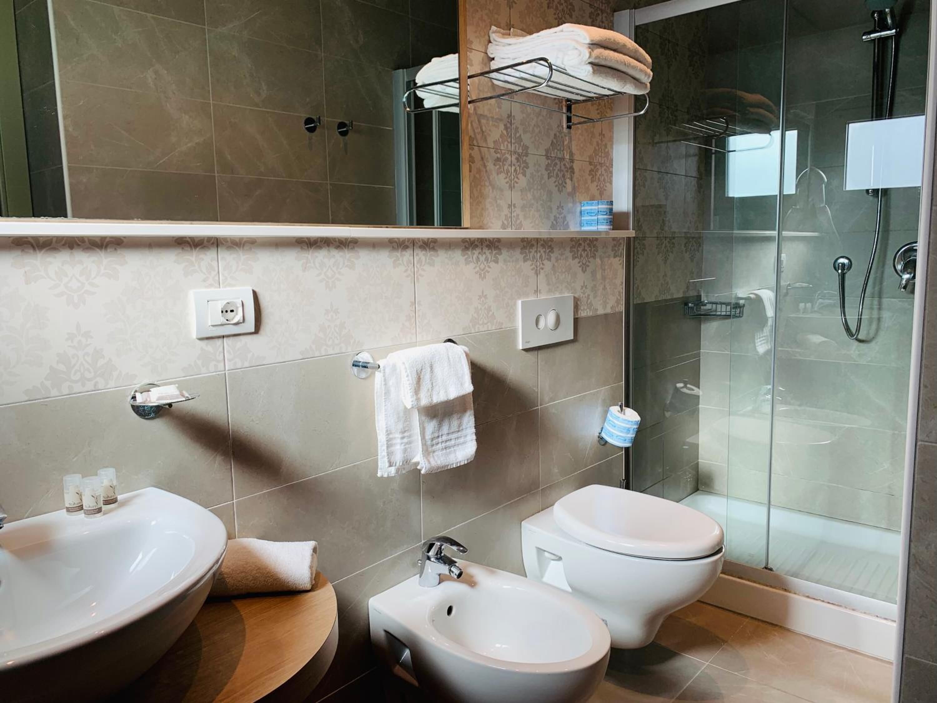 shower, hair dryer, bidet, towels