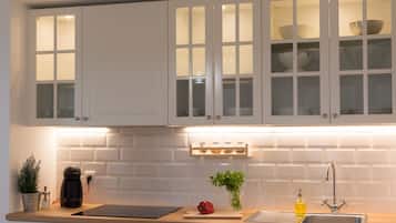 Family Apartment, 1 Bedroom, Garden Area | Private kitchen | Fridge, microwave, stovetop, espresso maker