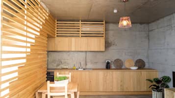 Fridge, microwave, stovetop, espresso maker