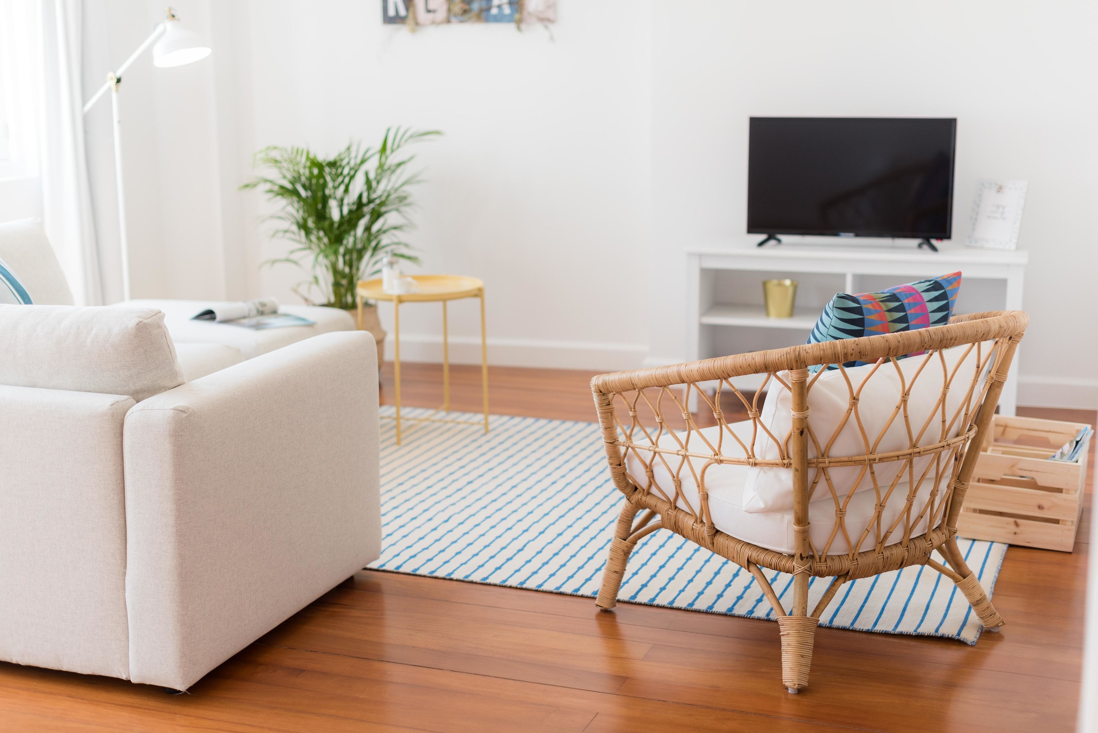 A living room with a sofa, a wicker chair, a small table, a plant, and a TV on a stand.