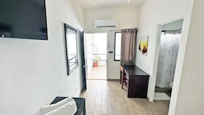 A hotel room with a bed, a desk, a TV, and a potted plant. - Surf Ranch Tamarindo (Tamarindo)