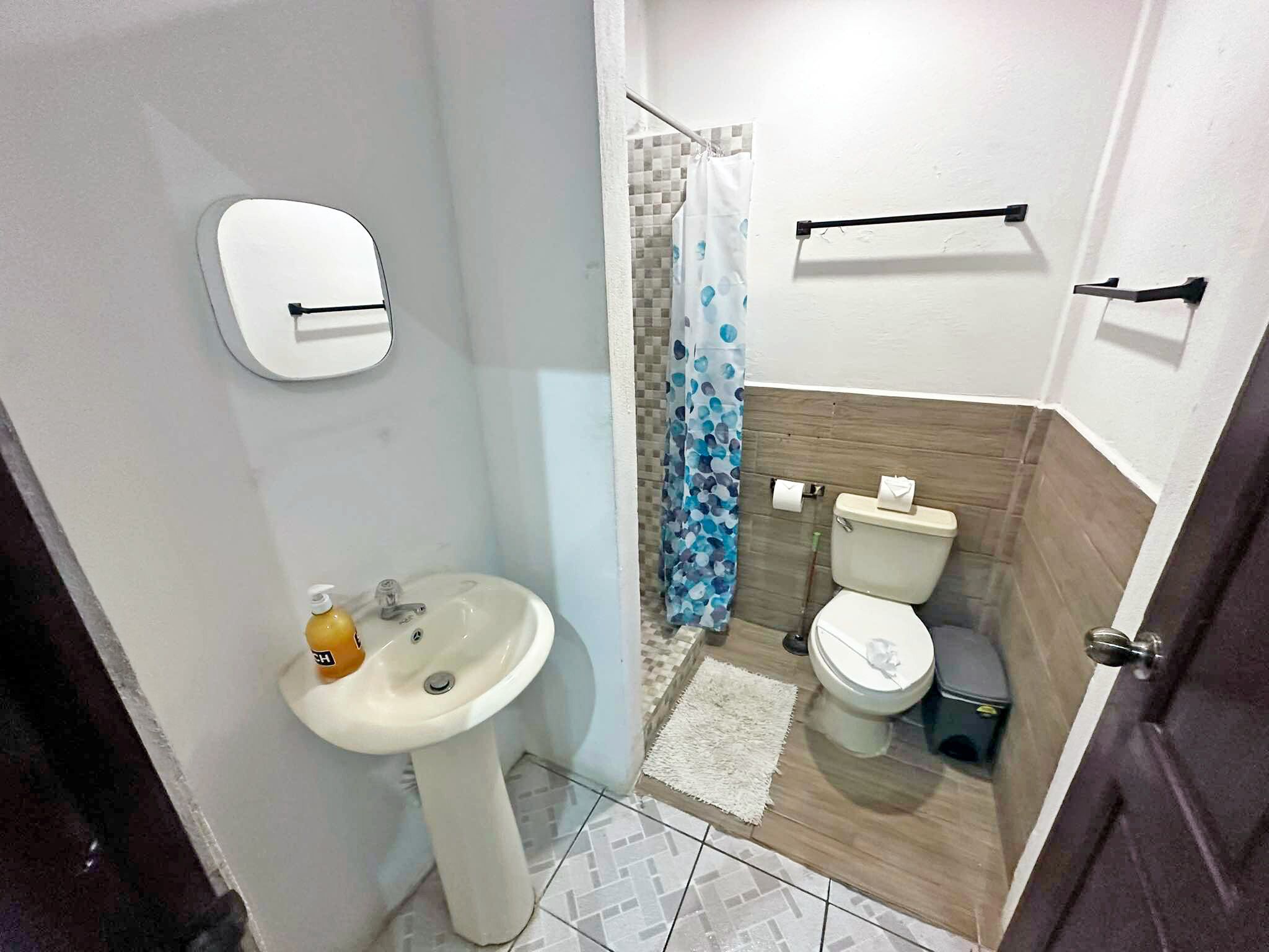 A small bathroom with a pedestal sink, toilet, and shower curtain.