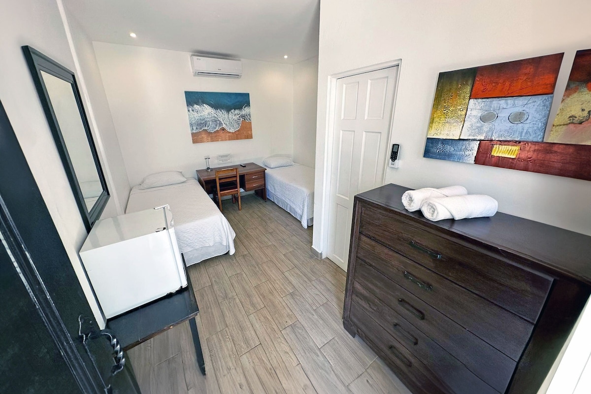Une chambre d’hôtel de taille réduite, comprenant deux lits simples, un bureau avec une chaise, une commode, un appareil de climatisation et une porte.