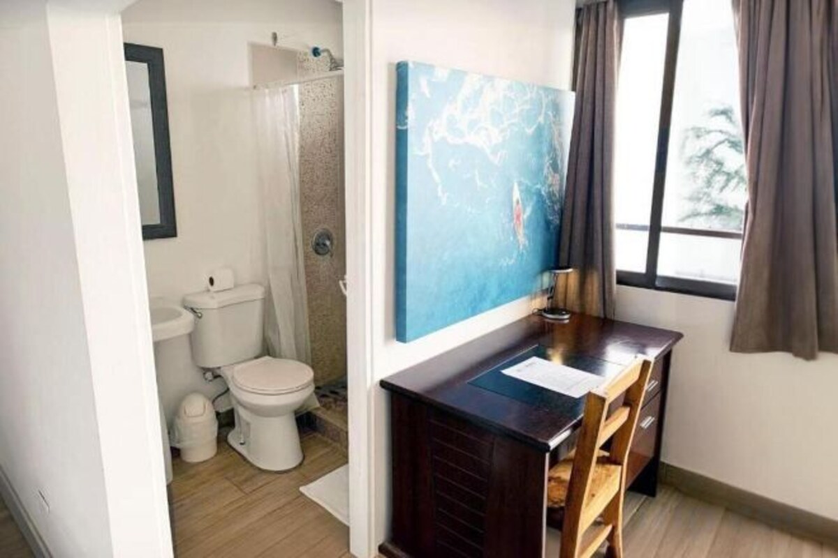 Shower, free toiletries, hair dryer, towels