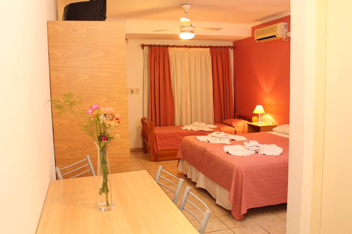 Habitación de hotel con dos camas, una mesa de madera con un florero y un ventilador de techo, además de una mesita de noche con lámpara.