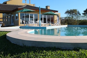 Seasonal outdoor pool, pool umbrellas, sun loungers