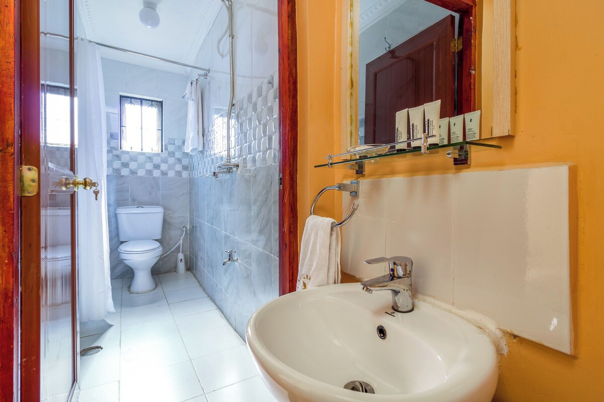 Un bany amb un lavabo blanc, un vàter i una zona de dutxa.