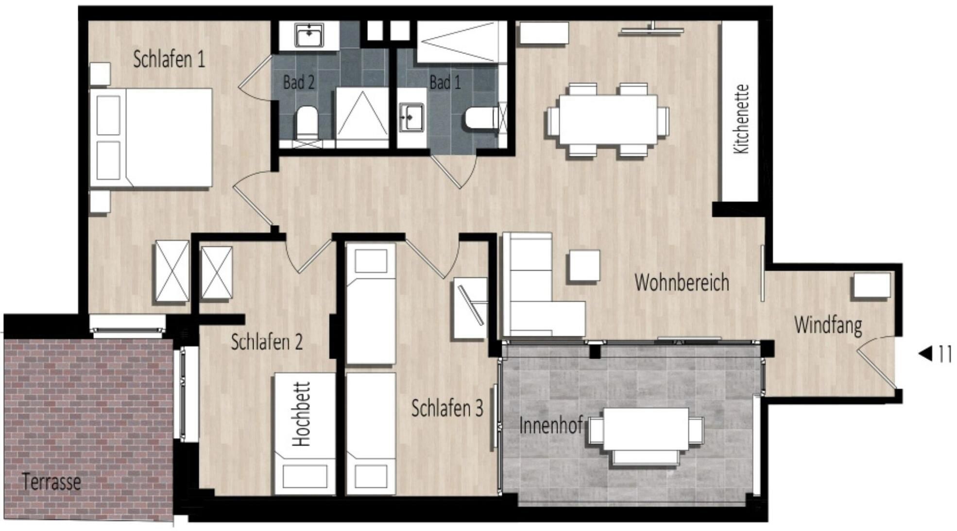 A hotel floor plan with three bedrooms, a living area, a kitchen, a terrace, and a bathroom.