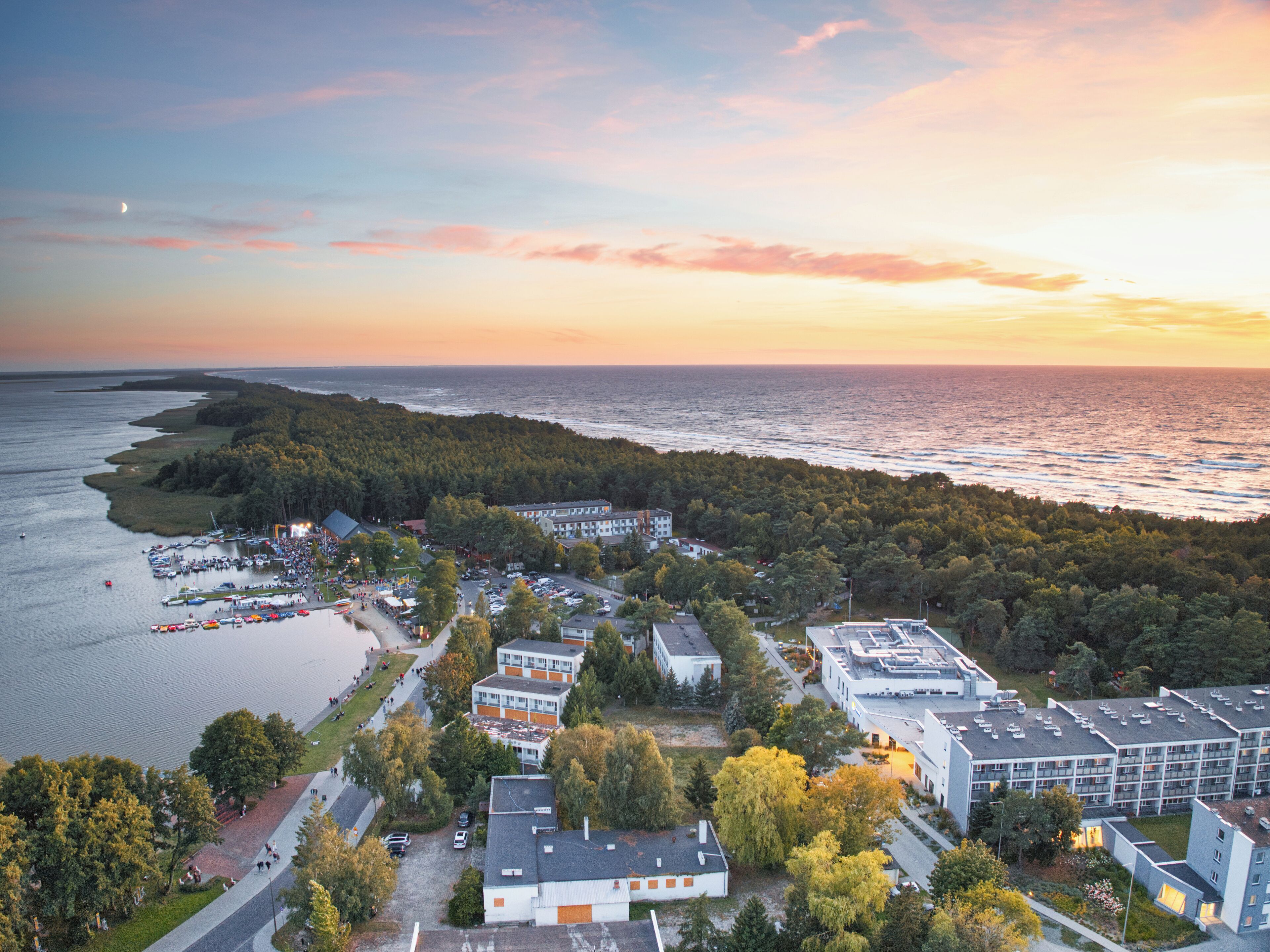 An aerial view of a coastal town with a marina, buildings, and a forested area.