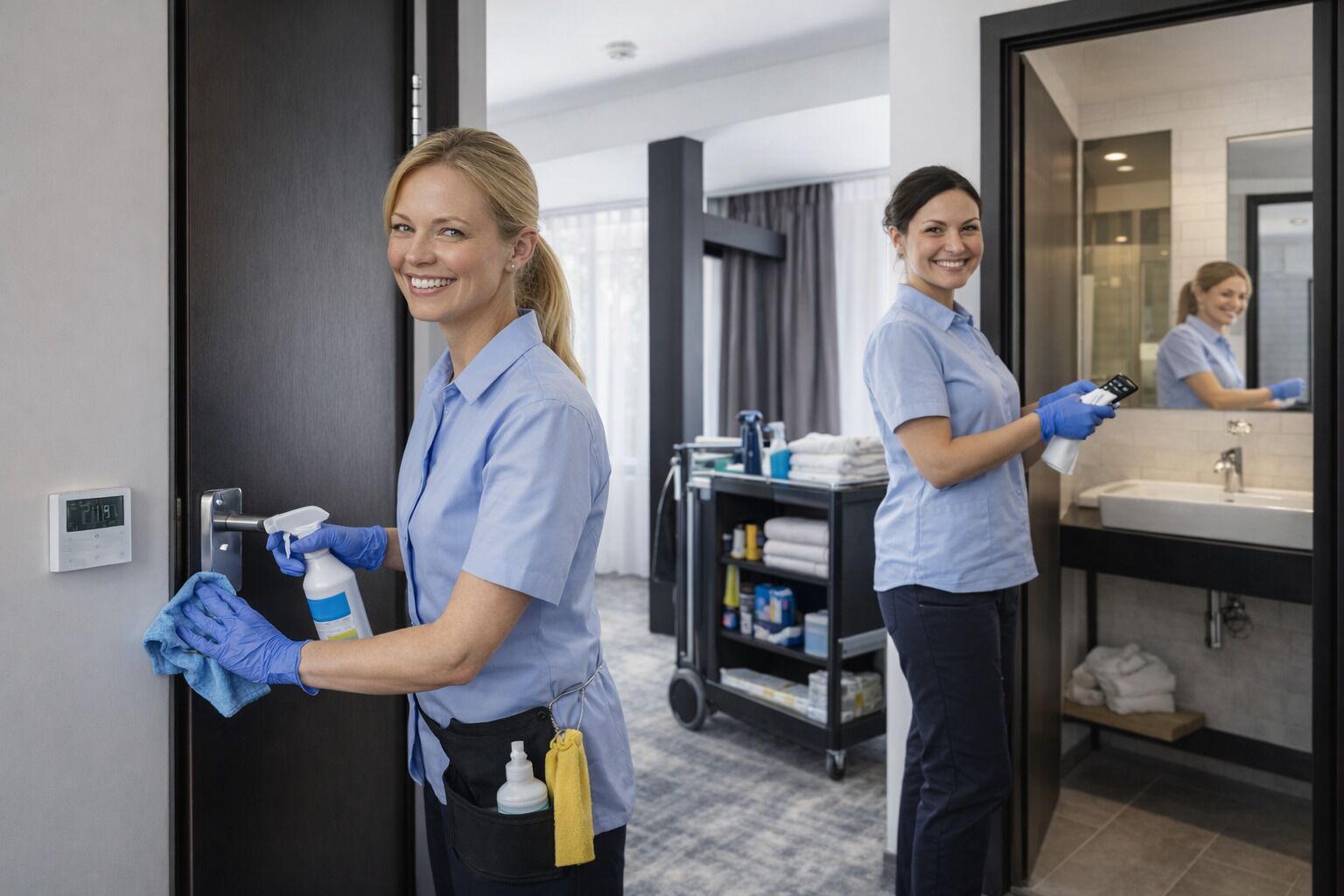 To hotelmedarbejdere rengør et værelse, digital termostat og badeværelse er synligt.