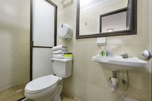 Dusche, kostenlose Toilettenartikel, Handtücher