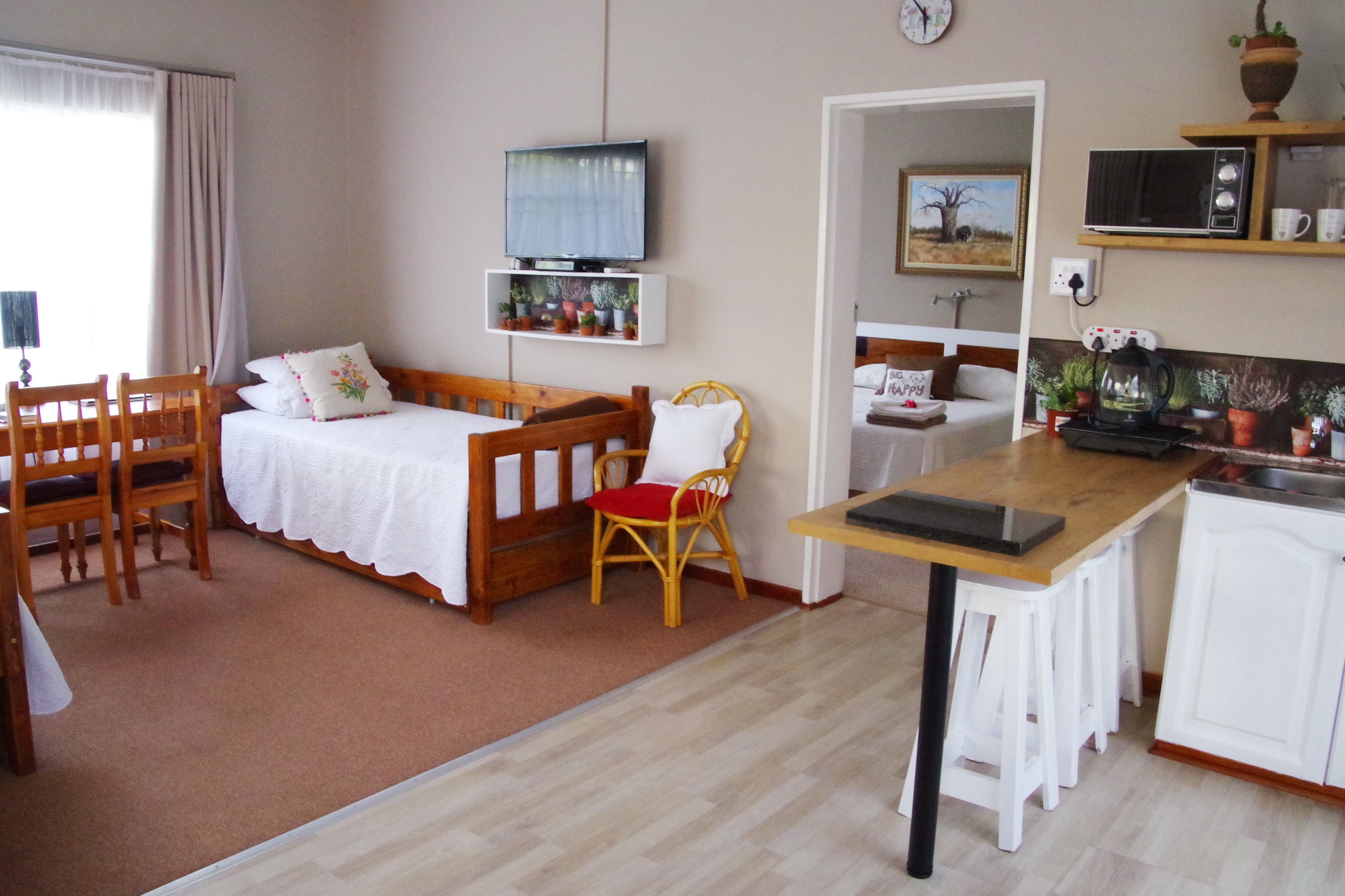A cozy room with a bed, a TV, a dining area, and a kitchen.