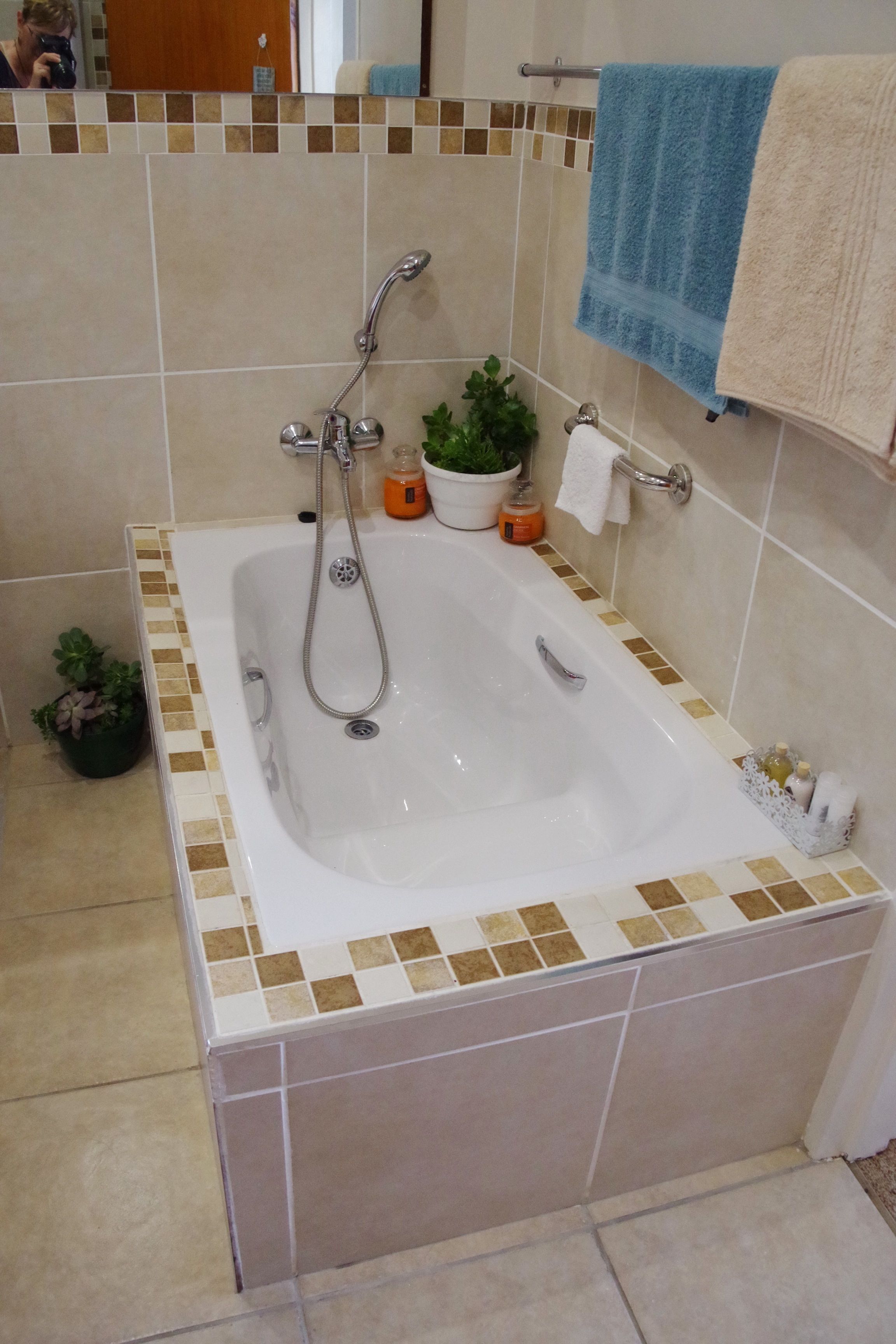 A bathroom with a bathtub, a shower, and a toilet. There are potted plants and toiletries on the counter.
