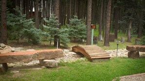 Une zone boisée avec un pont en bois, des bancs en pierre et des nichoirs.