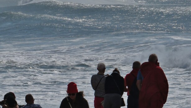 Una playa con gente mirando el océano.