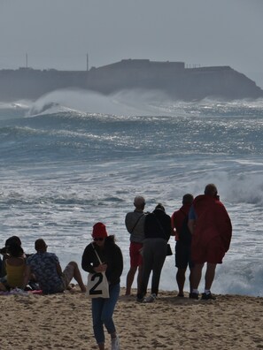 A beach with people observing the ocean.