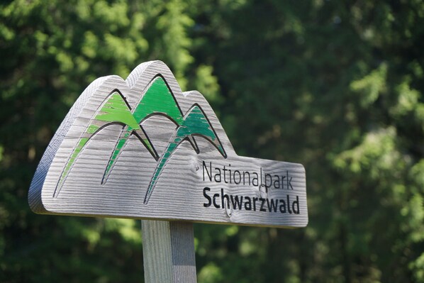 Un panneau en bois portant l’inscription « Parc national de la Forêt-Noire » et arborant un motif de montagne vert.