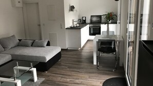 A modern apartment with a living room, kitchen, and dining area.