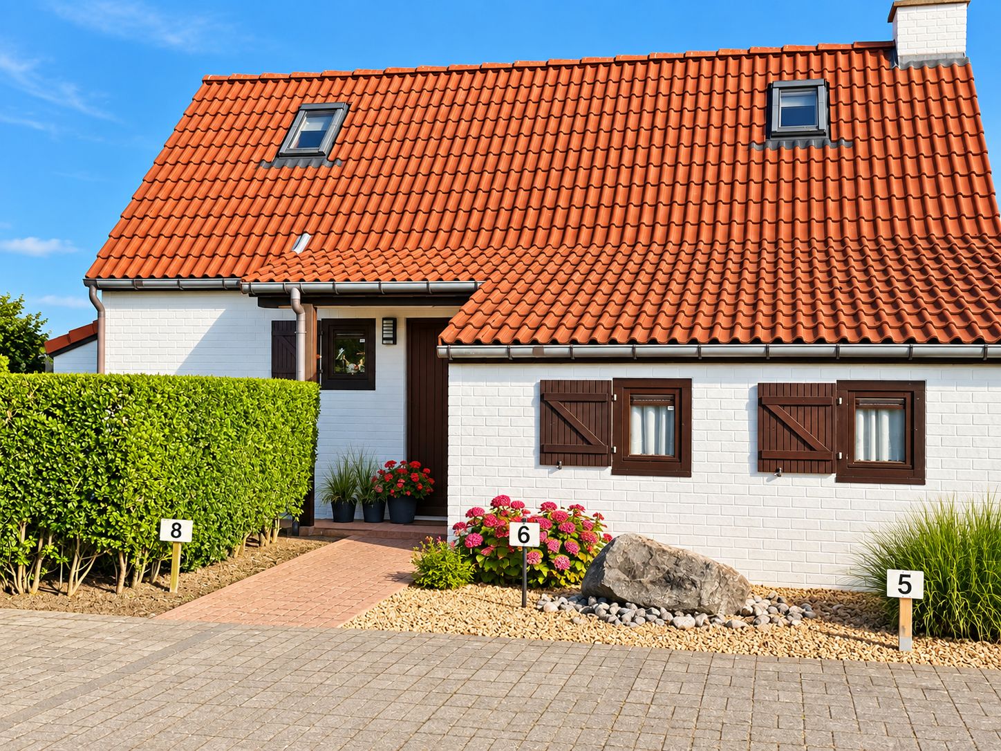 A two-story house with a red-tiled roof, white brick walls, and brown shutters. There are numbered signs indicating the house number and a small garden area with plants and flowers.