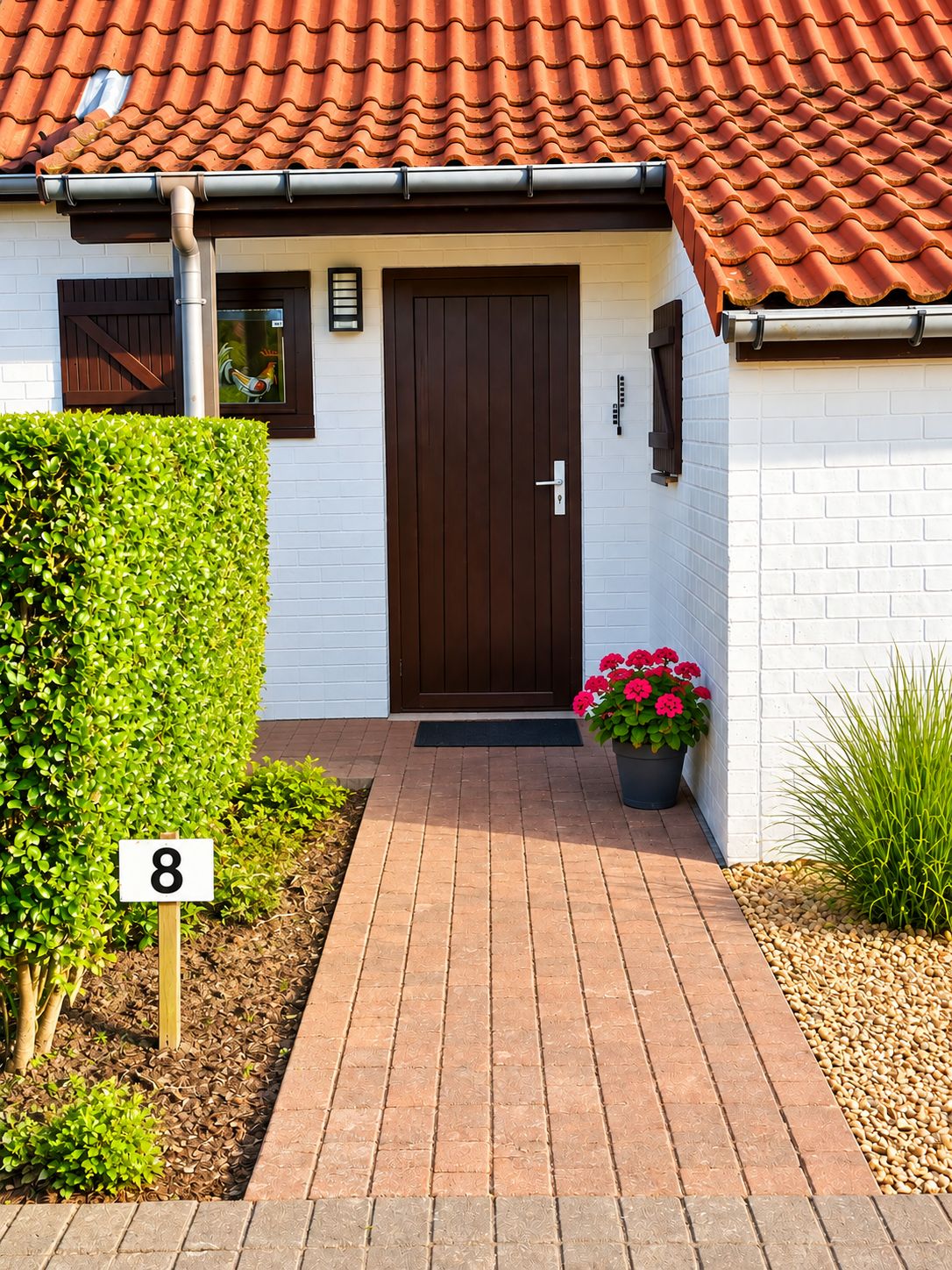 A house with a brown door, white brick walls, a tiled roof, a number 8 sign, a potted plant with pink flowers, and a well-maintained hedge.