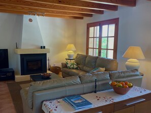 Smart TV, lareira, DVD player, mesa de pingue-pongue