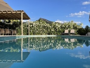 A clear swimming pool with a reflection of surrounding trees and a mountain in the background.