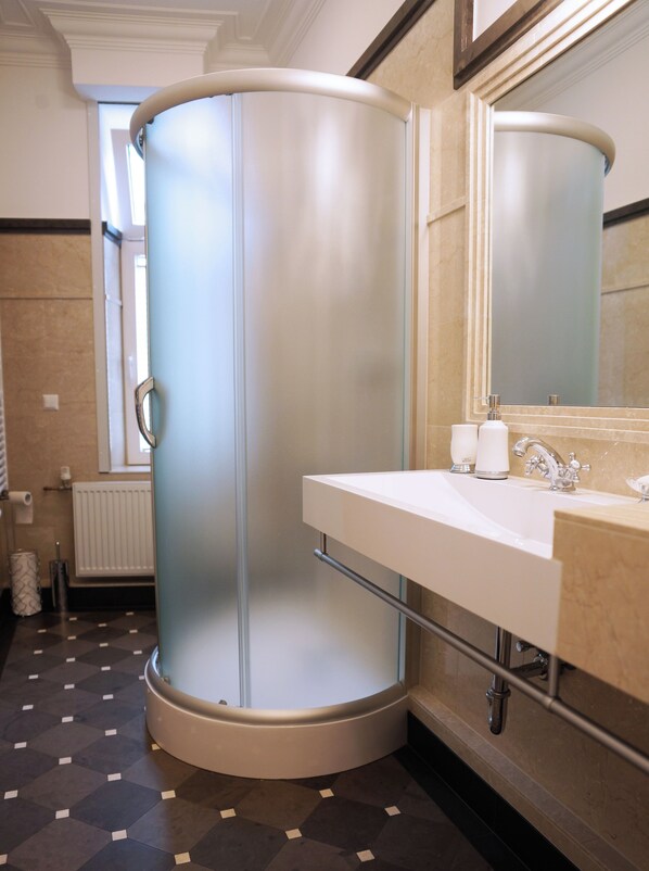 Douche, séchoir à cheveux, serviettes fournies, papier de toilette