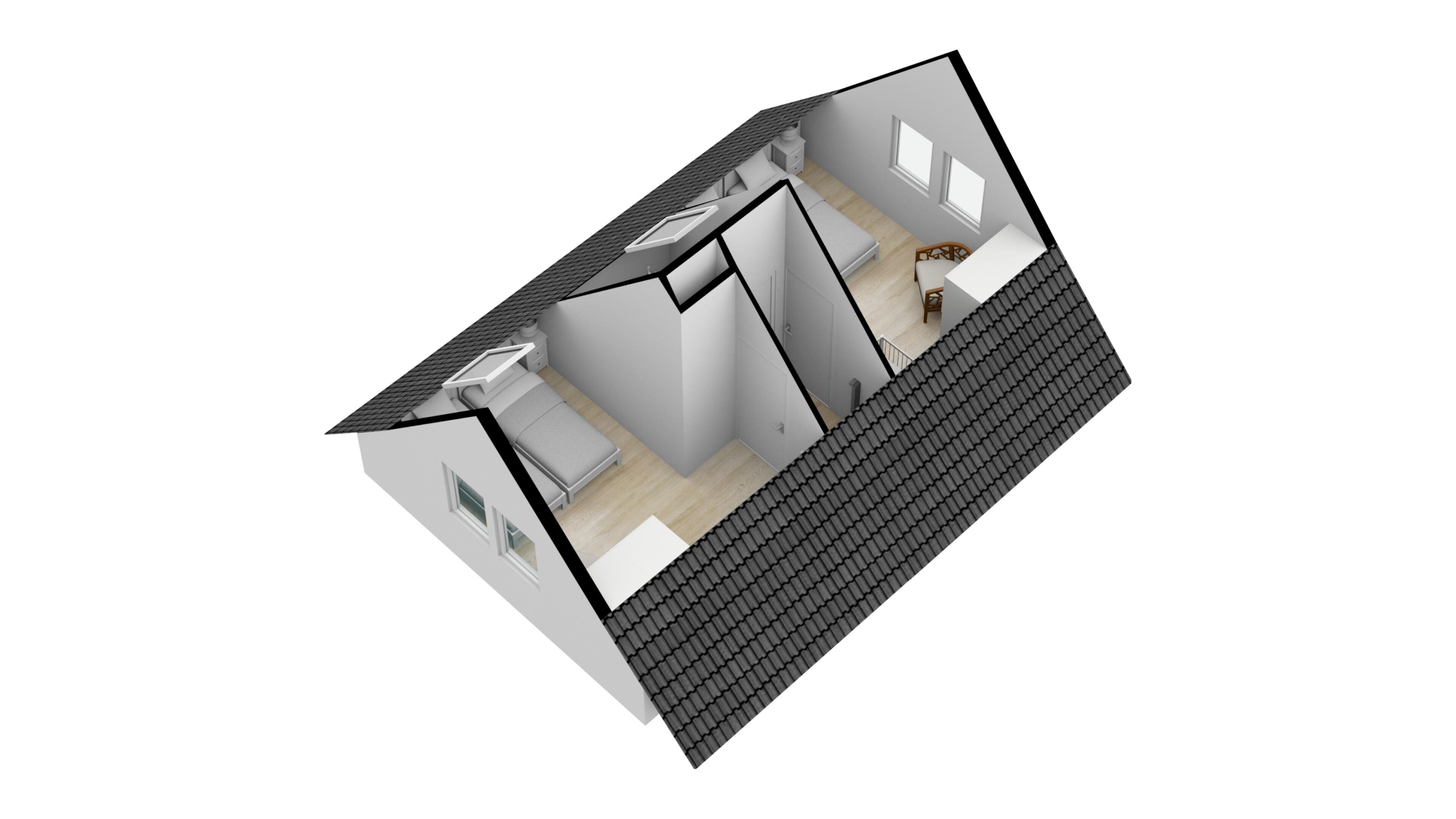 A 3D model of a modern apartment with a loft-style bedroom, a living area with a sofa and a dining table, and a kitchen area.