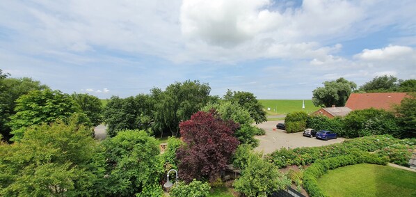 A residential area with a green lawn, trees, and parked cars.