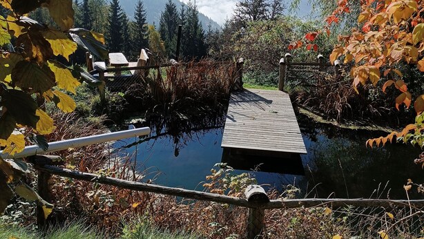 Una vista tranquila de un lago, con un muelle de madera que se adentra en el agua, rodeado de follaje otoñal y montañas a lo lejos.