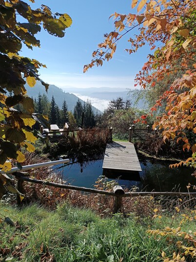 Alpine hut, secluded location, family vacation, party campfire, fishing view of the valley