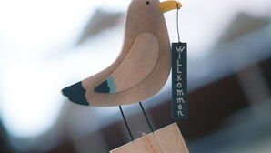Un comedero de pájaros de madera con una etiqueta que dice “Bienvenido”.