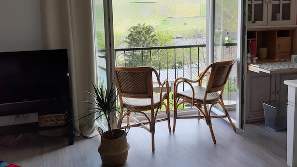 Ein Balkon mit Korbstühlen, einem Fernseher und Blick auf eine grüne Landschaft.