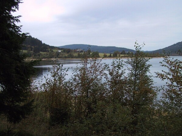 Un lac entouré de collines et d’arbres.