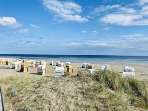 Una spiaggia con file di cabine numerate.